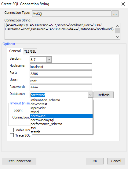 Configuring the MySQL connection string. The Northwind database in this MySQL instance is named "northwind".